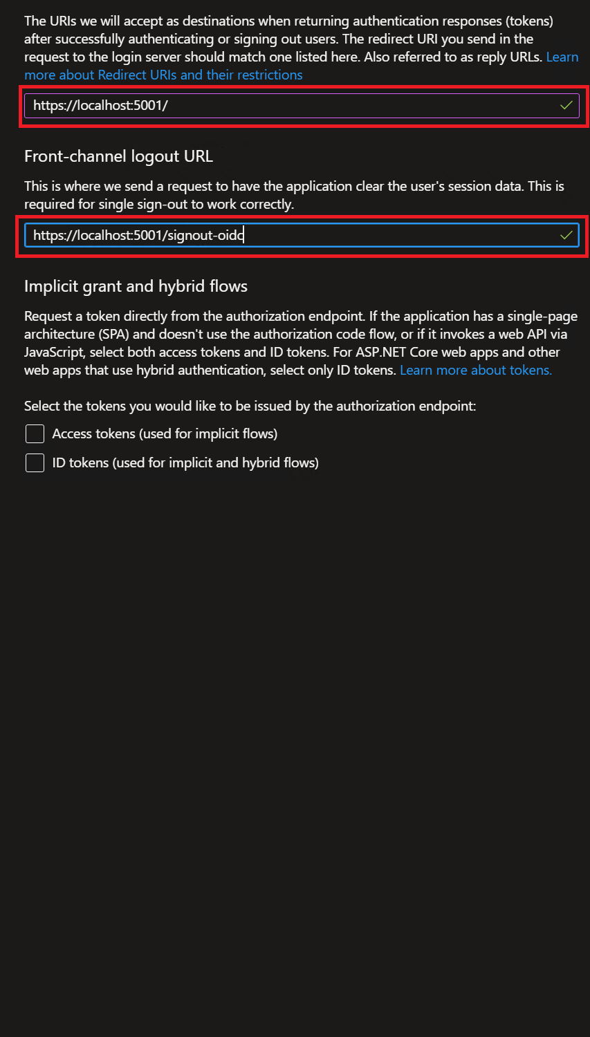 Azure - Configure the application authentication settings