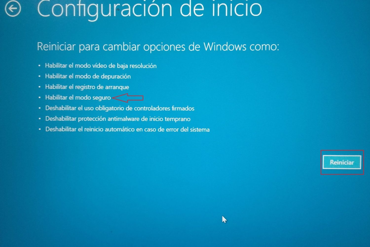 reiniciar en modo seguro en Windows 10
