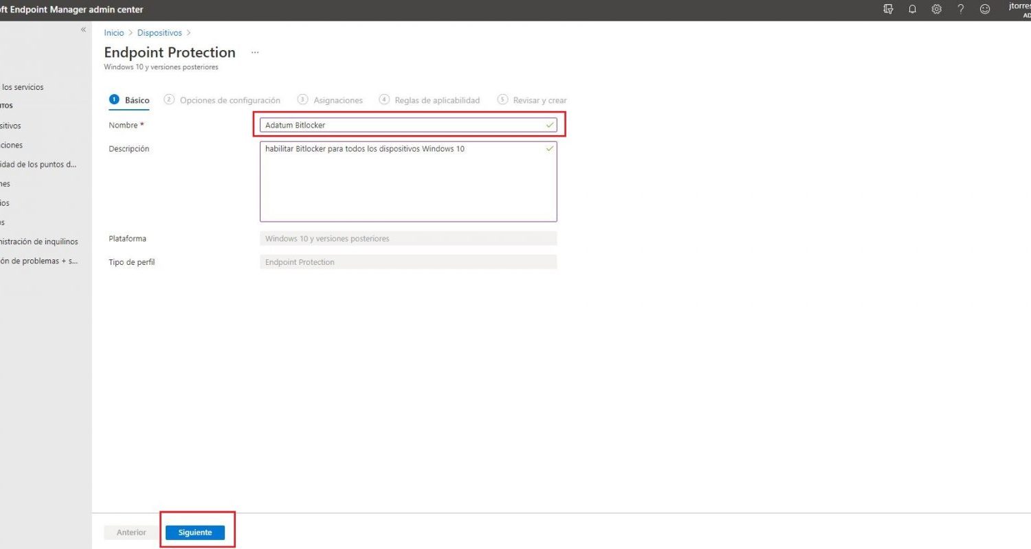 Habilitar bitlocker para dispositivos Windows 10 mediante intune